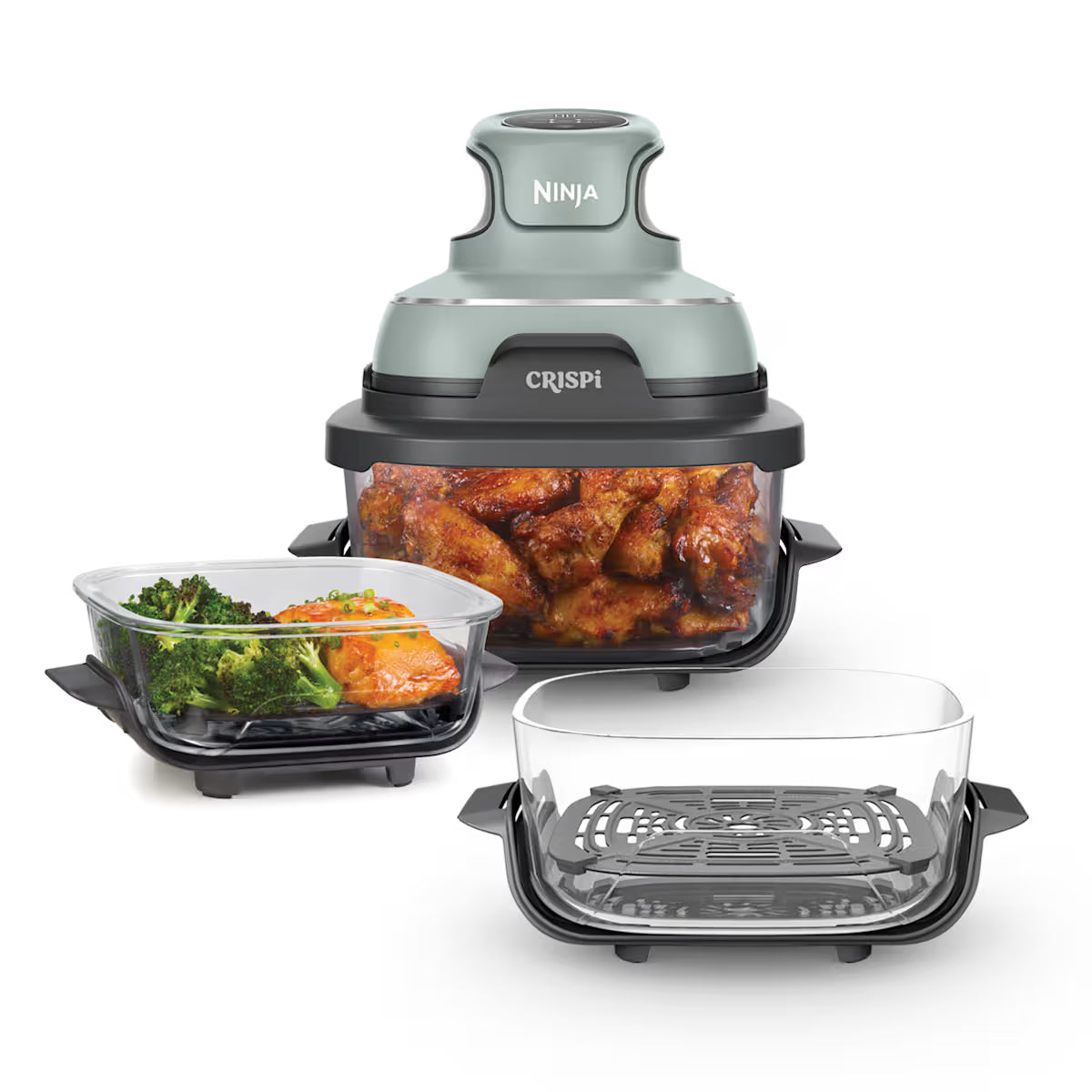 Ninja CRISPi 4-in-1 Portable Glass Air Fryer - Sage & extra TempWare Glass Container Bundle